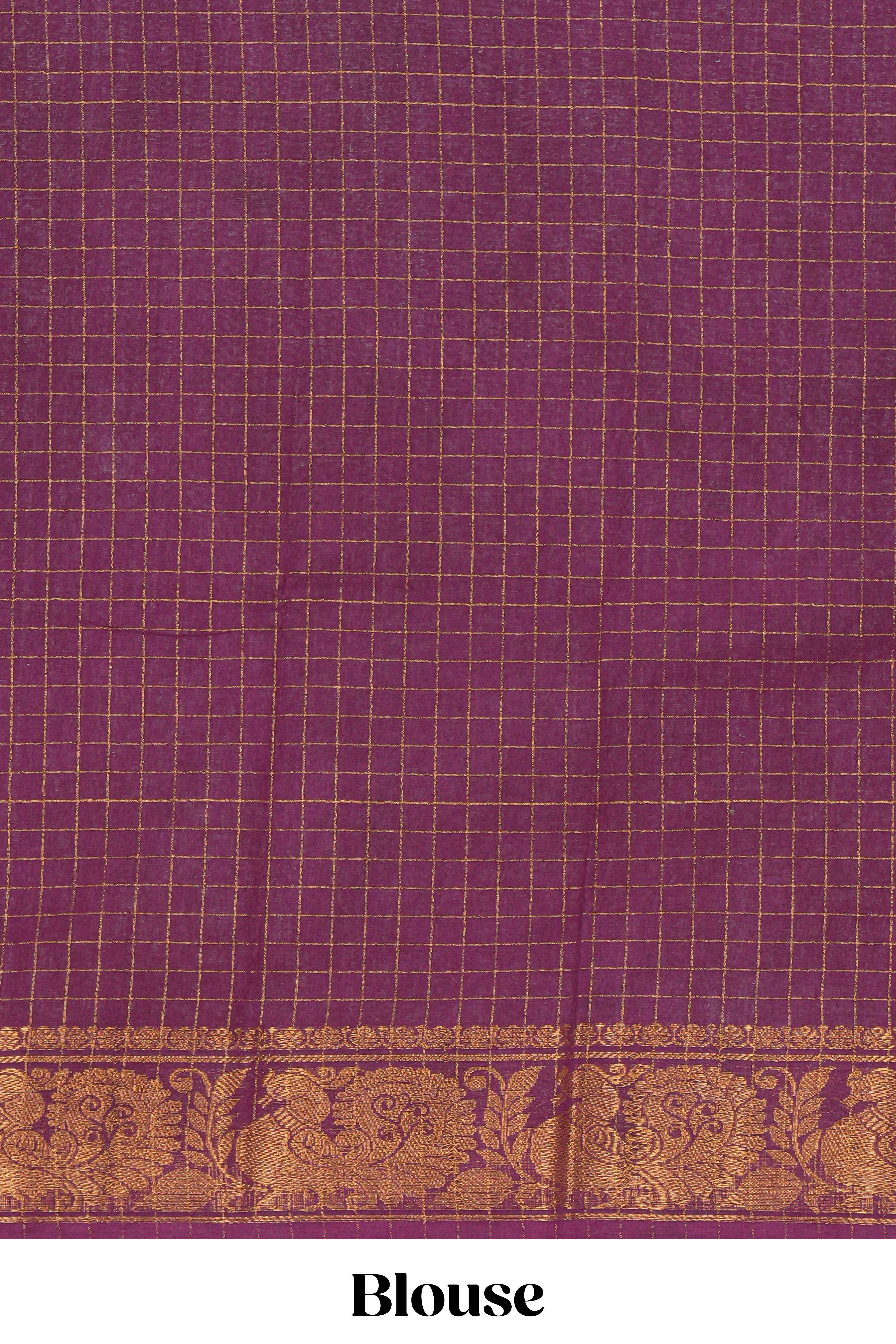 Bottle green Chettinad cotton saree with checked body contrasting peacock zari border striped pallu and blouse