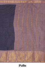 Dark blue Chettinad cotton saree with checked body contrasting peacock zari border striped pallu and blouse