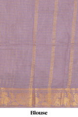 Dark blue Chettinad cotton saree with checked body contrasting peacock zari border striped pallu and blouse