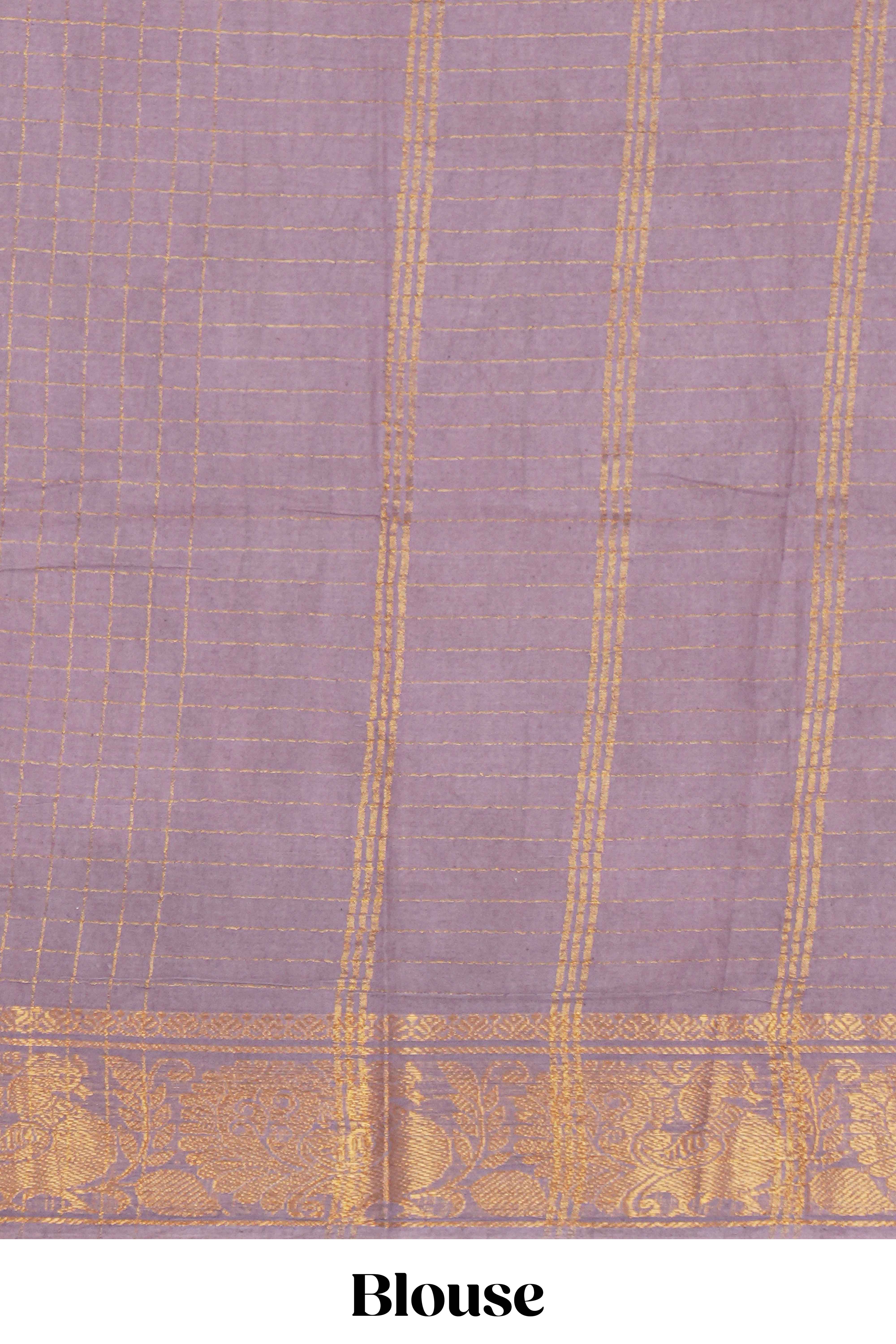 Dark blue Chettinad cotton saree with checked body contrasting peacock zari border striped pallu and blouse