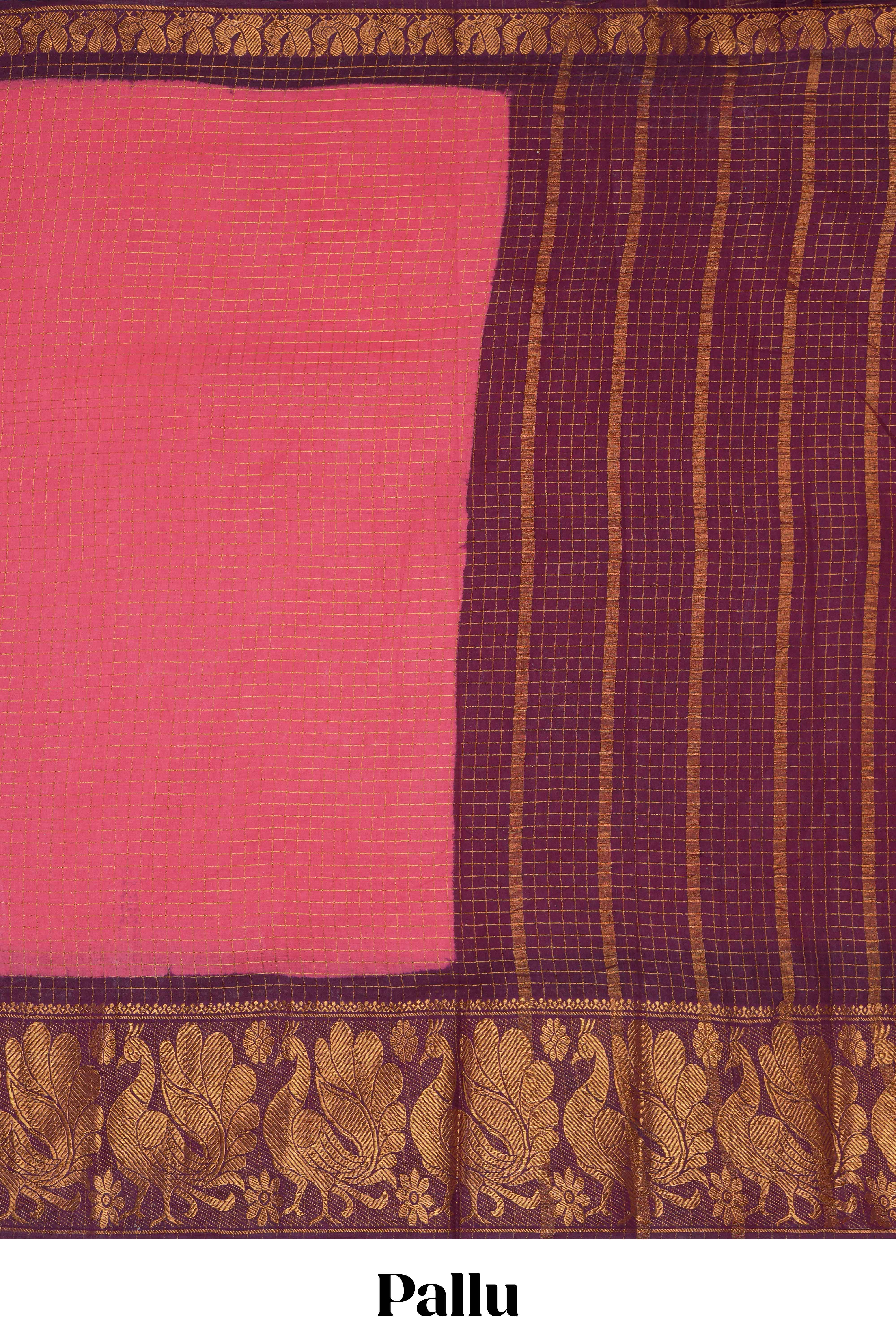 Bright pink Chettinad cotton saree with checked body contrasting peacock zari border striped pallu and blouse