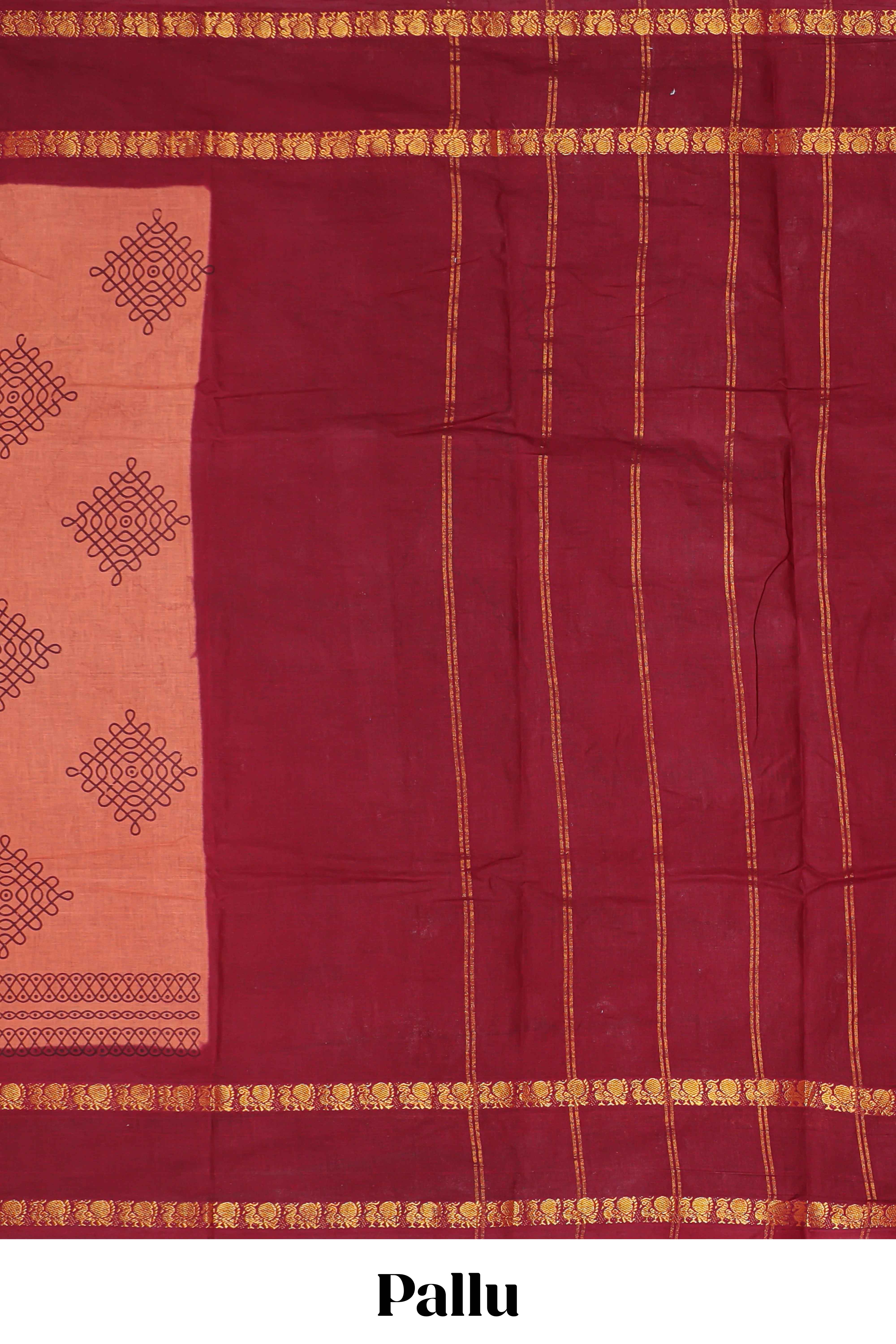 Peach traditional kolam print sungudi cotton saree with contrast border and striped pallu