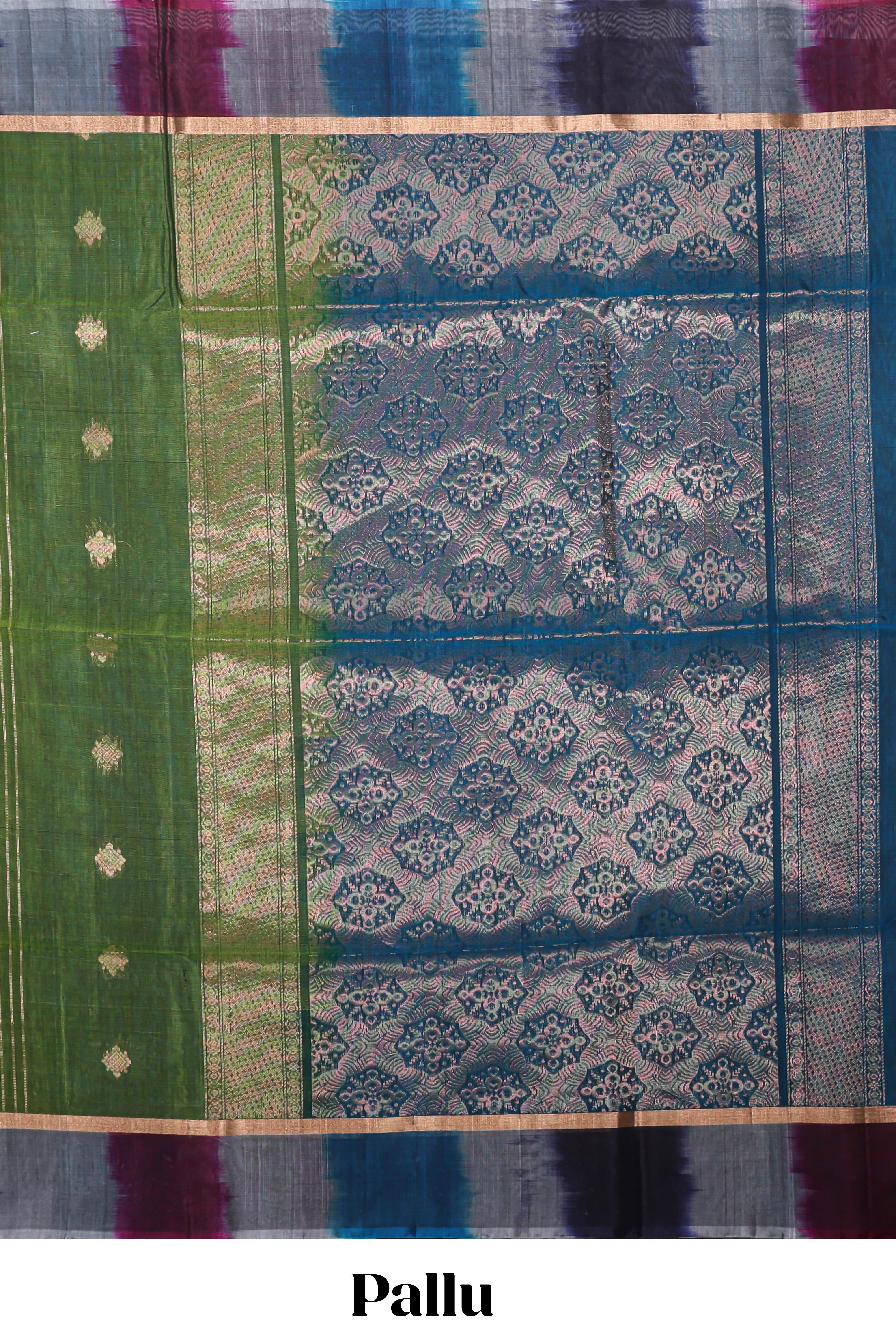 Green striped zari motifs design silk cotton saree with contrast zari border and blouse