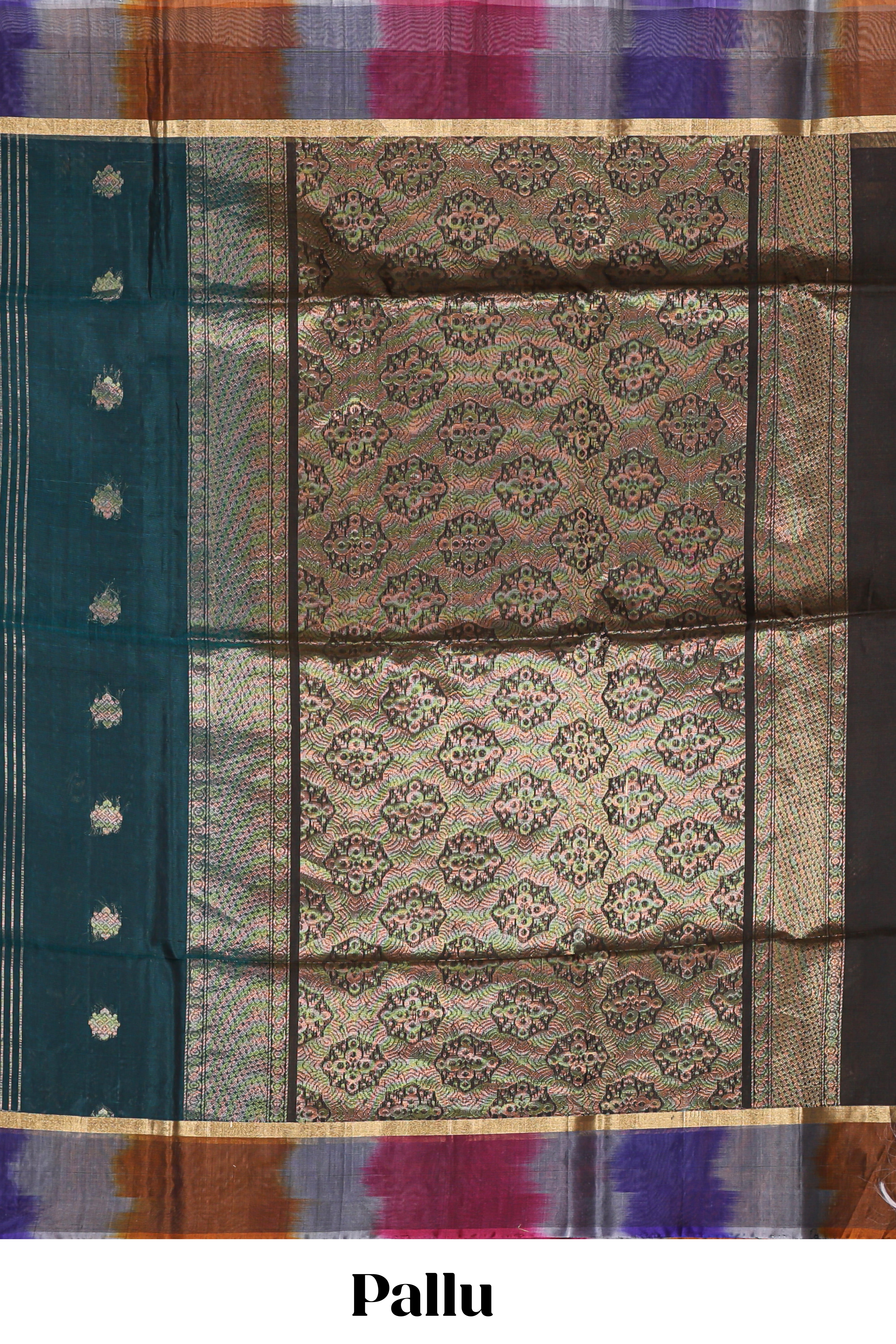 Pine green striped zari motifs design silk cotton saree with contrast zari border and blouse