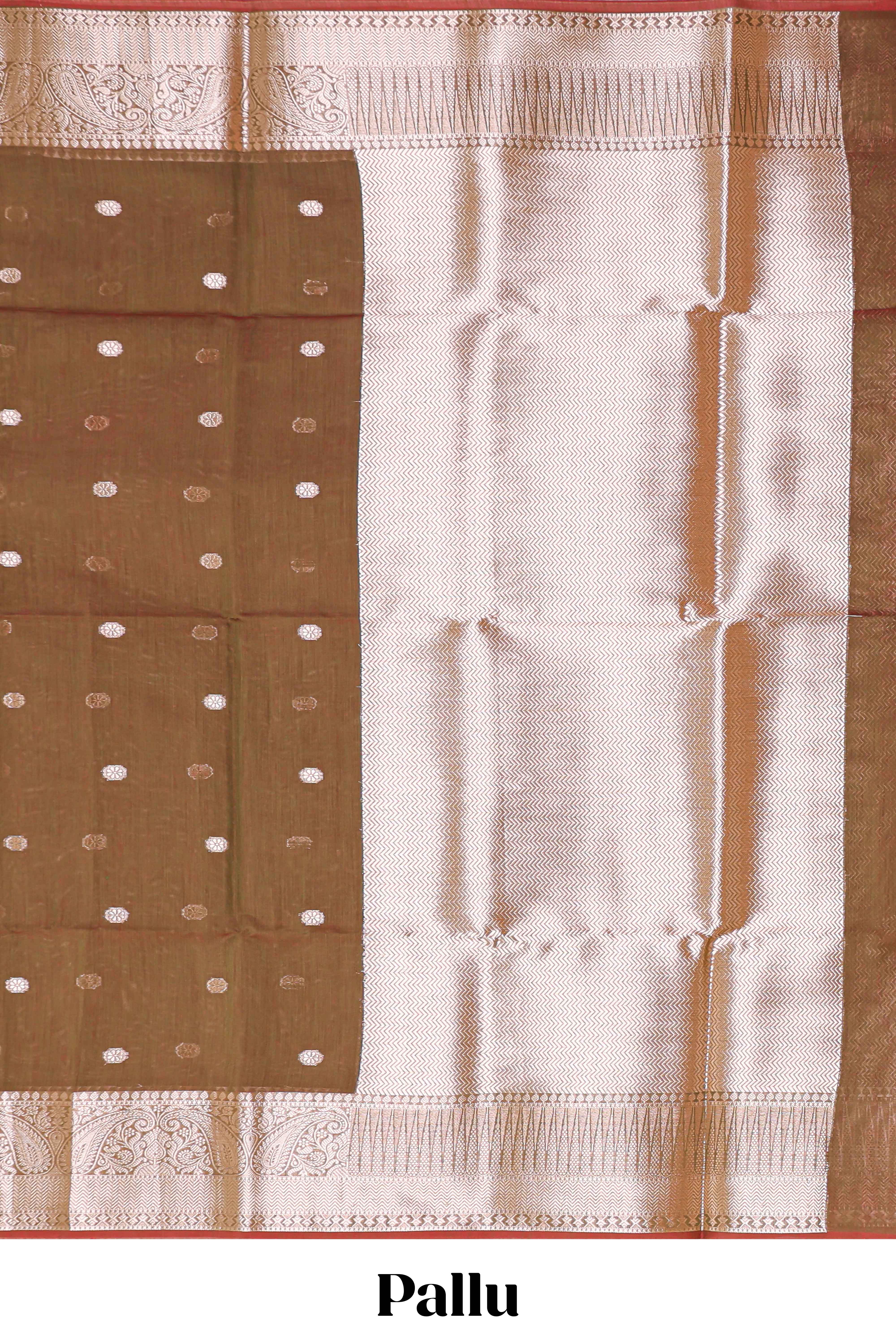 Brown butta designed silk cotton saree with self zari border and blouse