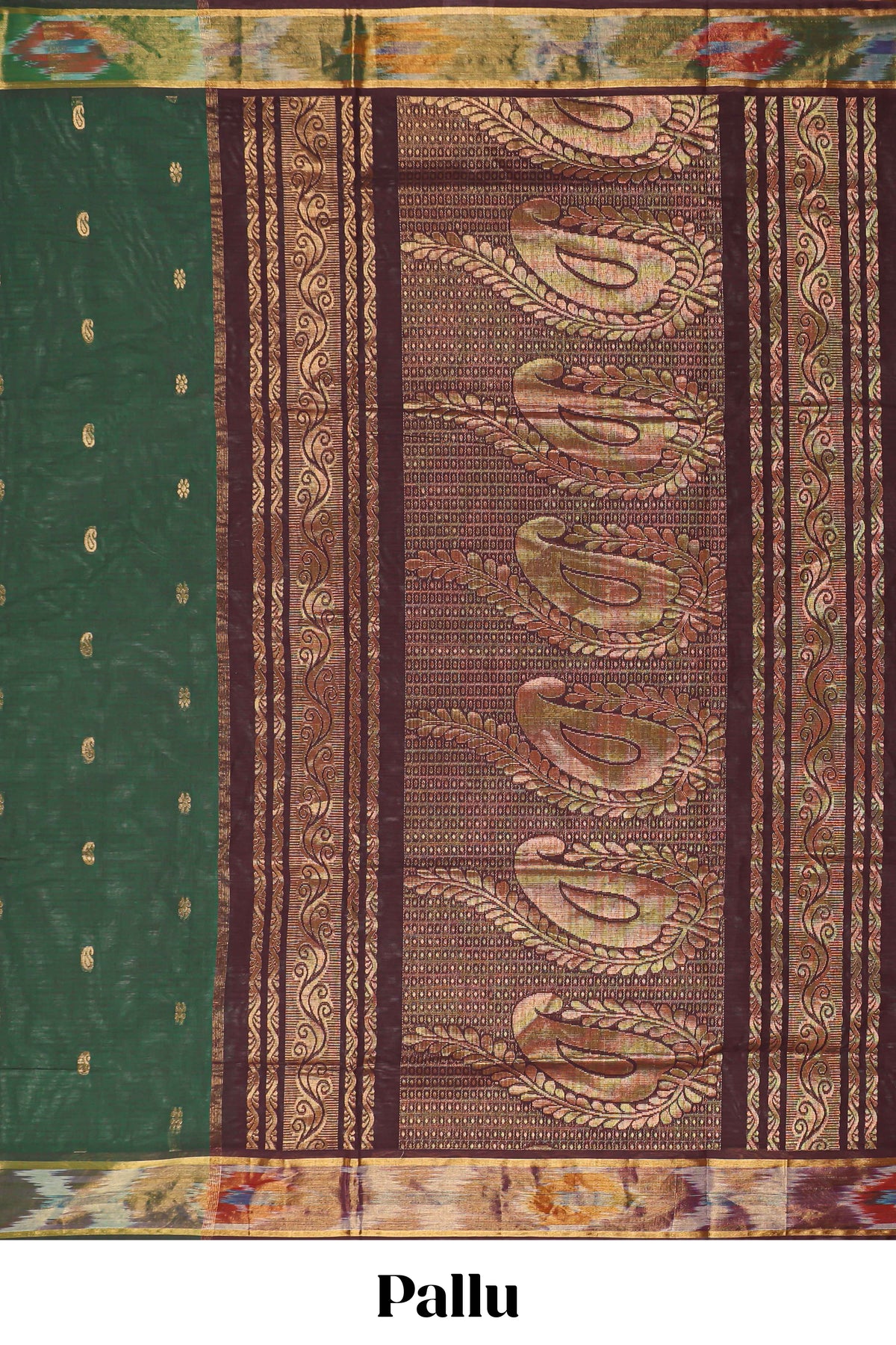 Dark green butta designed silk cotton saree with self zari border and contrast blouse