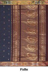Dark blue butta designed silk cotton saree with self zari border and contrast blouse