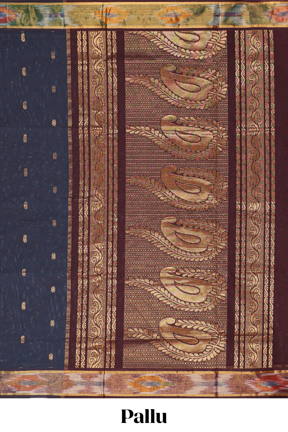 Dark blue butta designed silk cotton saree with self zari border and contrast blouse