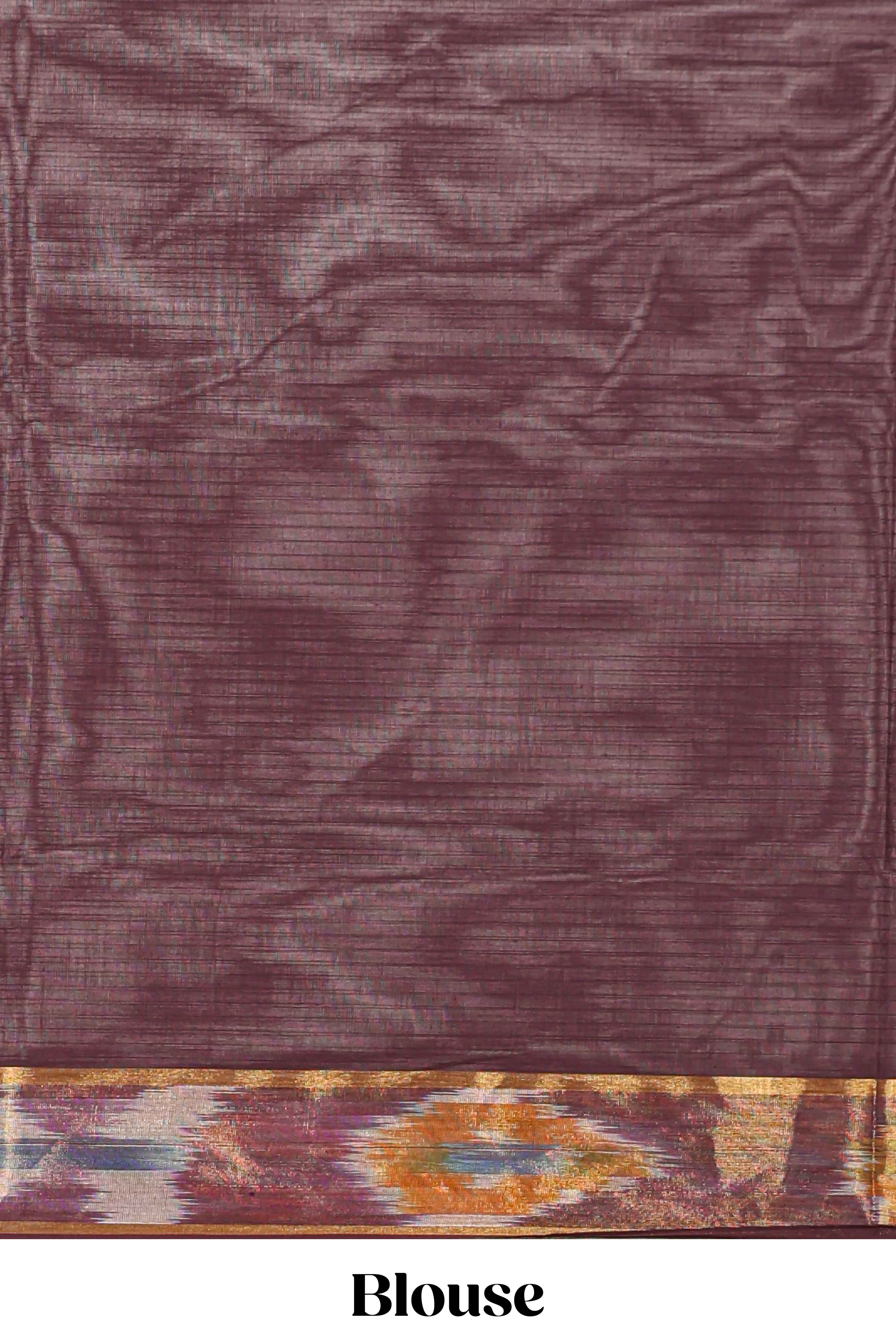 Brown butta designed silk cotton saree with self zari border and contrast blouse