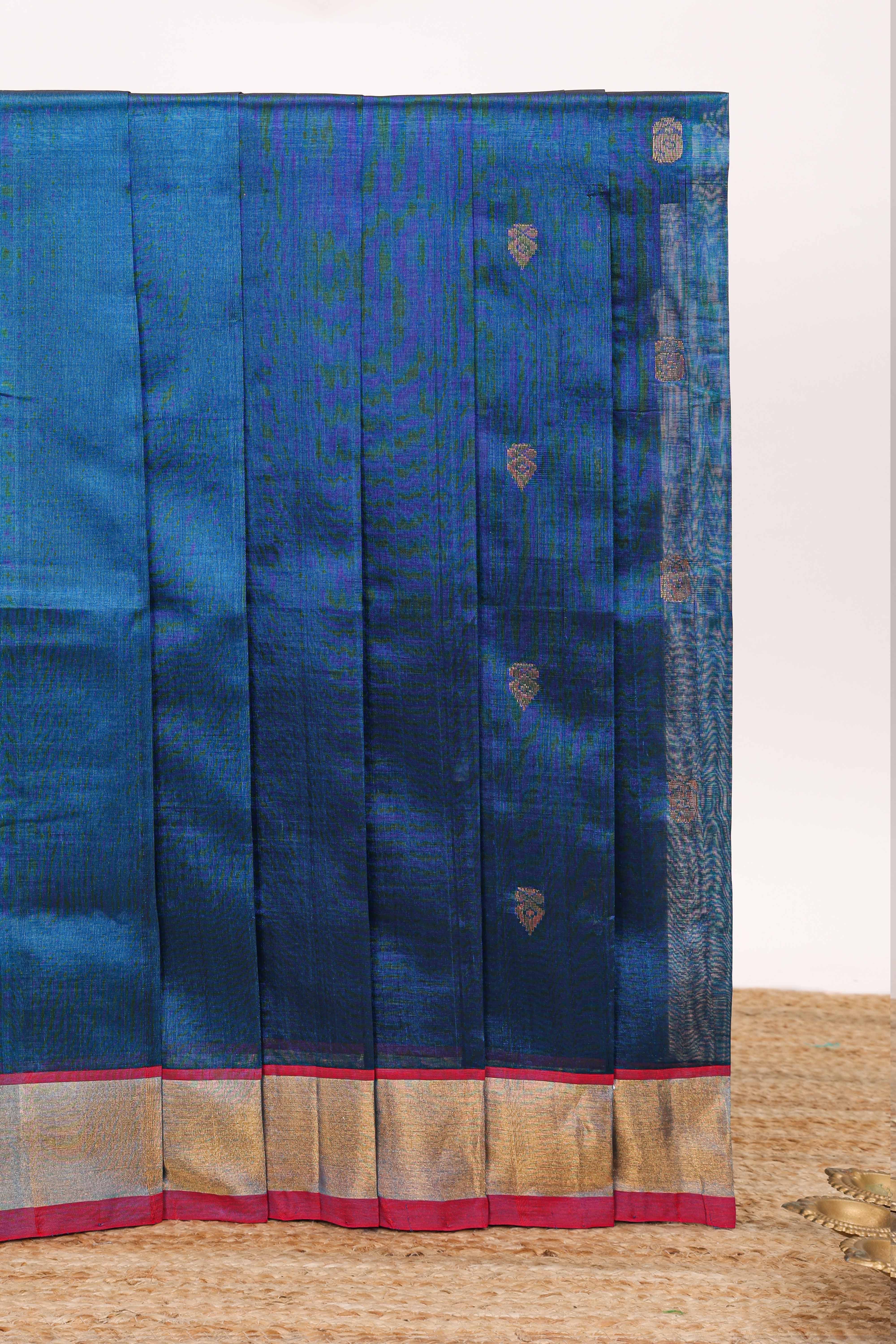 Dark blue butta designed silk cotton saree with contrast zari border and blouse