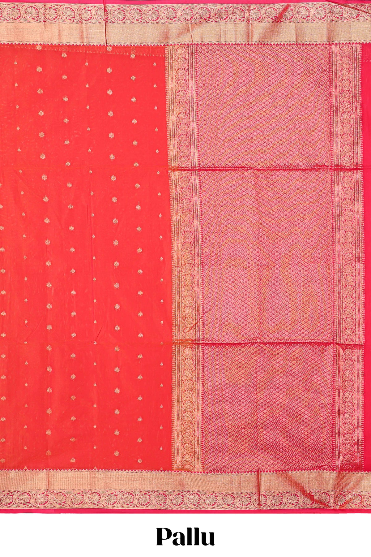 Coral red butta designed silk cotton saree with self zari border and contrast blouse