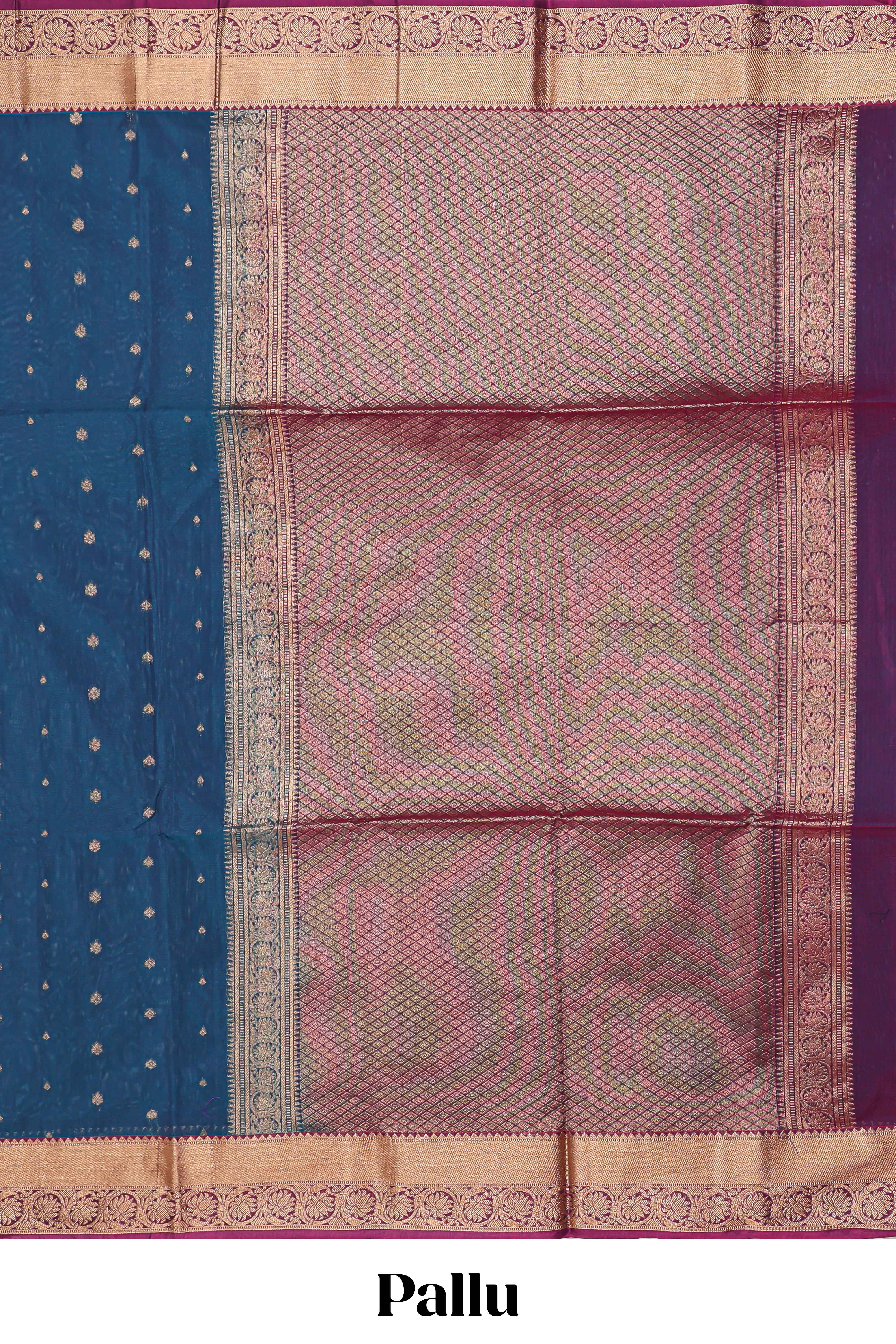 Blue butta designed silk cotton saree with contrast zari border and contrast blouse