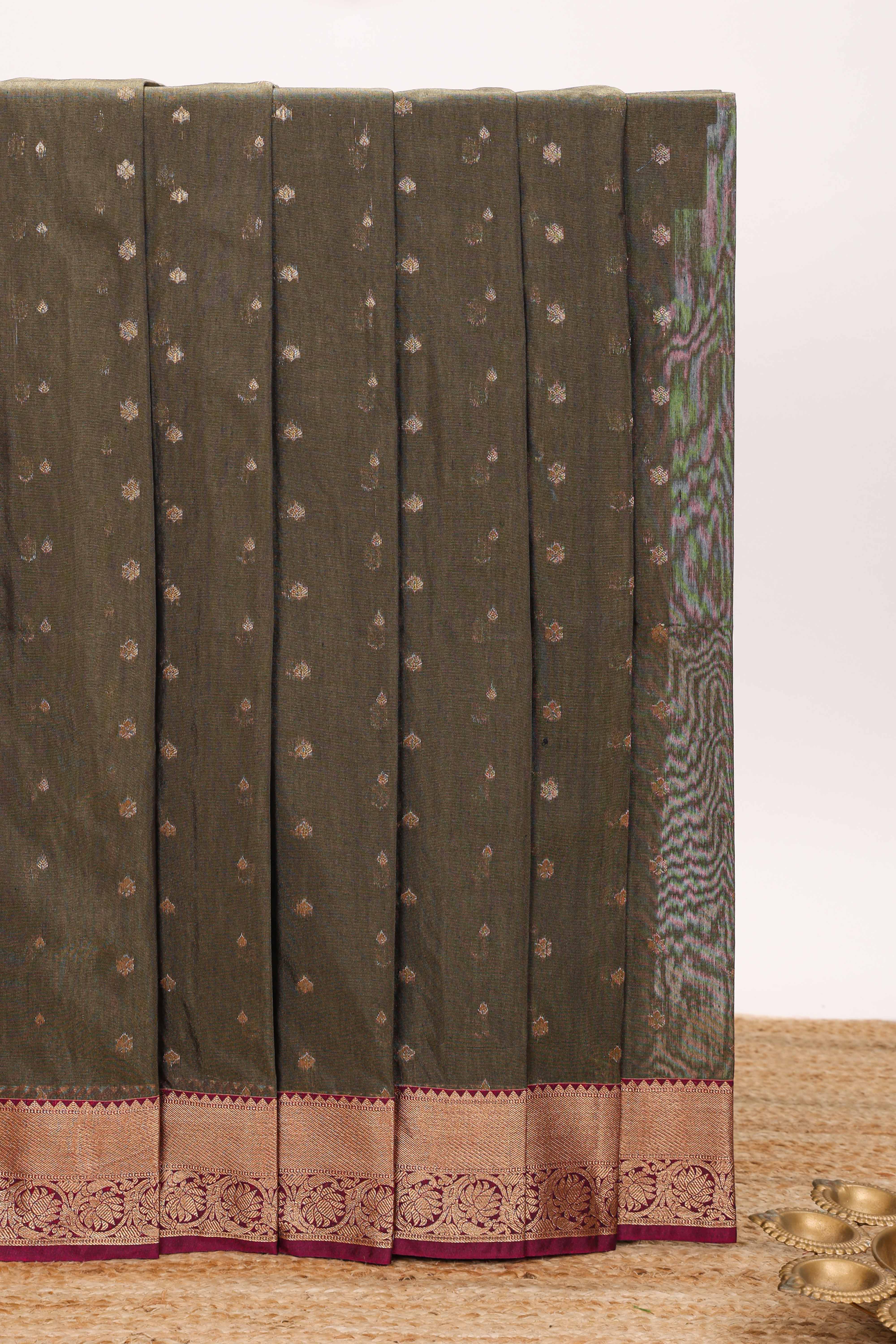 Olive brown butta designed silk cotton saree with contrast zari border and contrast blouse