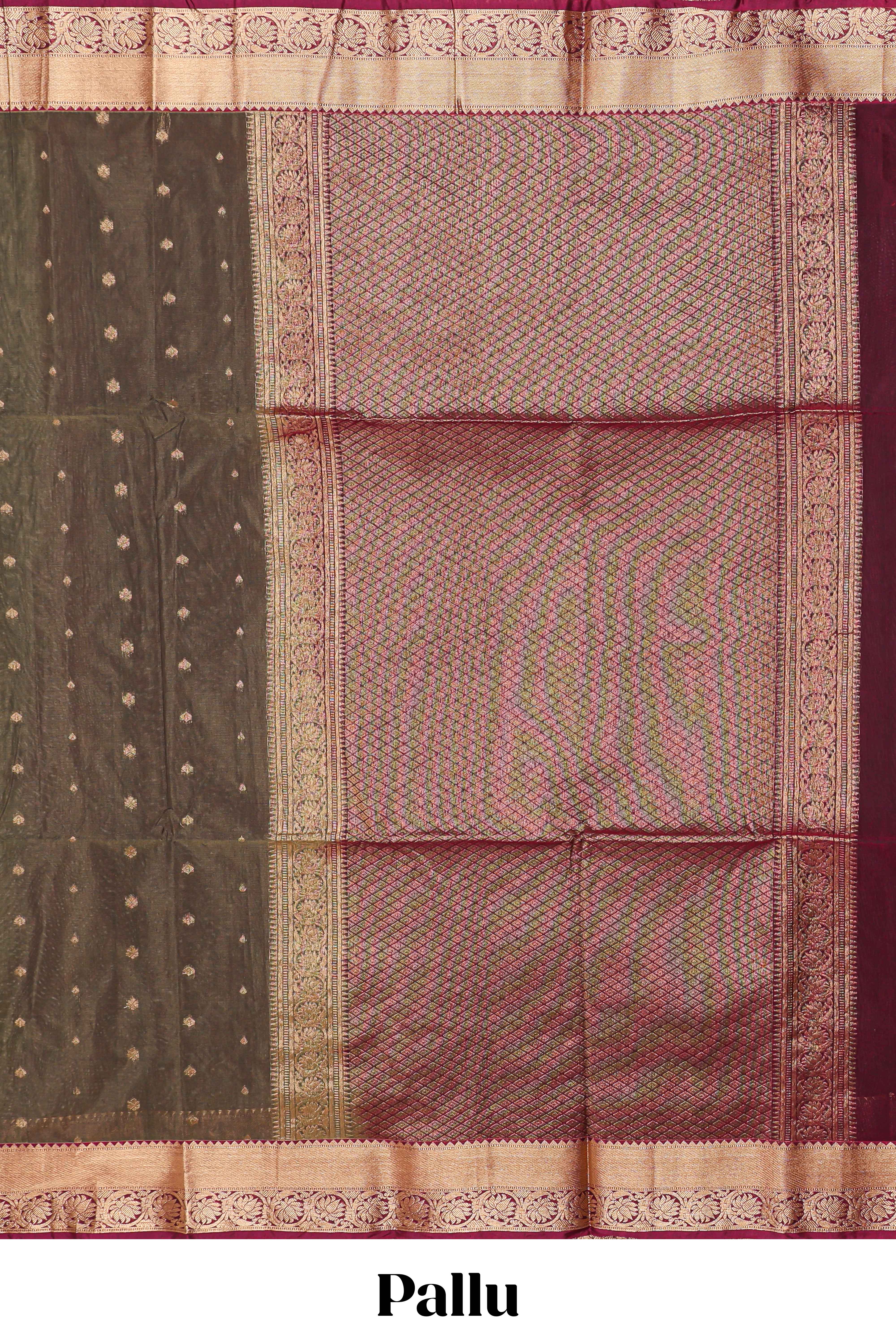 Olive brown butta designed silk cotton saree with contrast zari border and contrast blouse