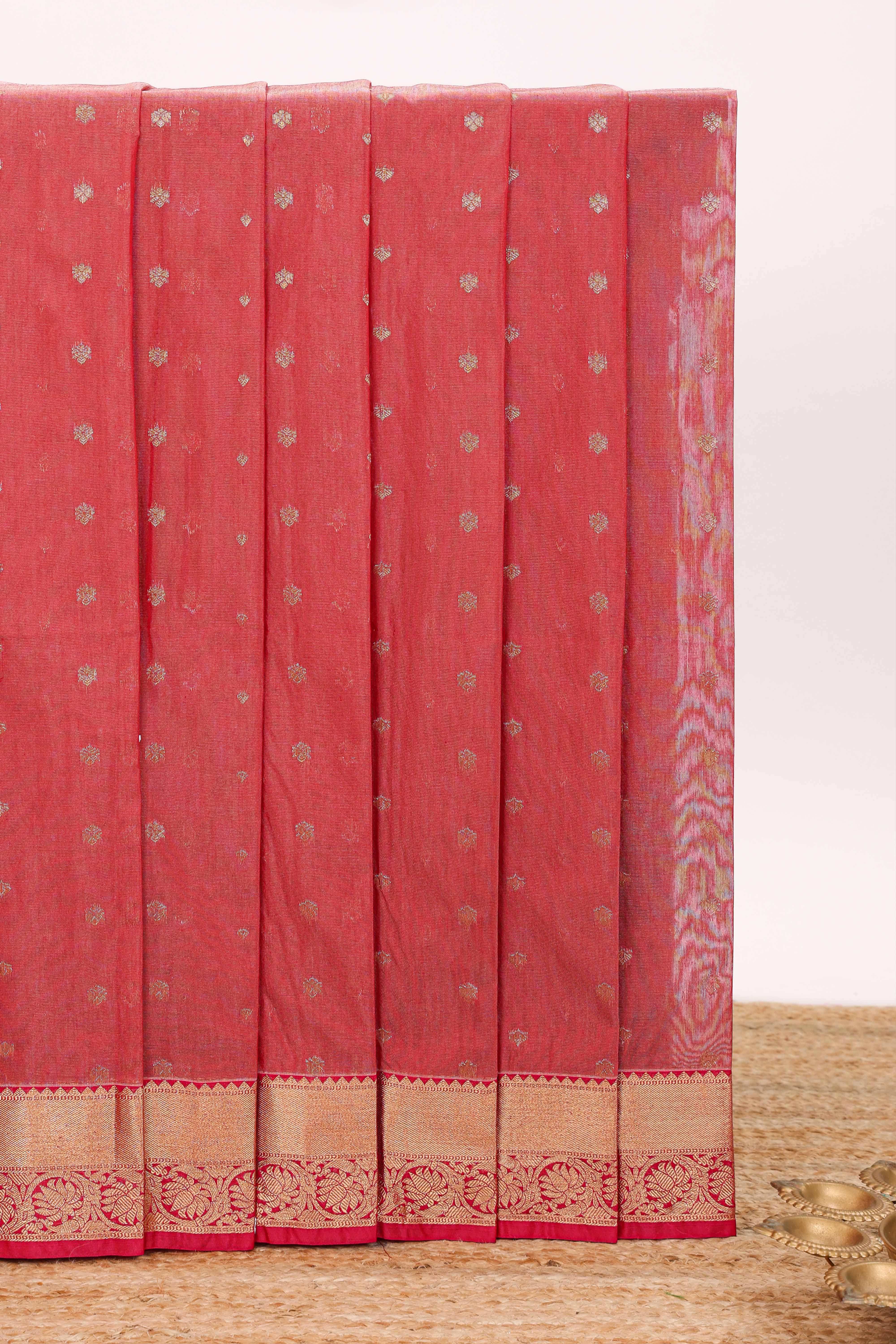 Red butta designed silk cotton saree with self zari border and matching blouse