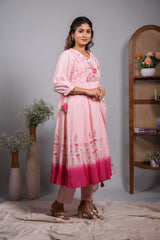 Pink floral design V neck salwar set with 3/4th sleeve, self bottom and matching dupatta