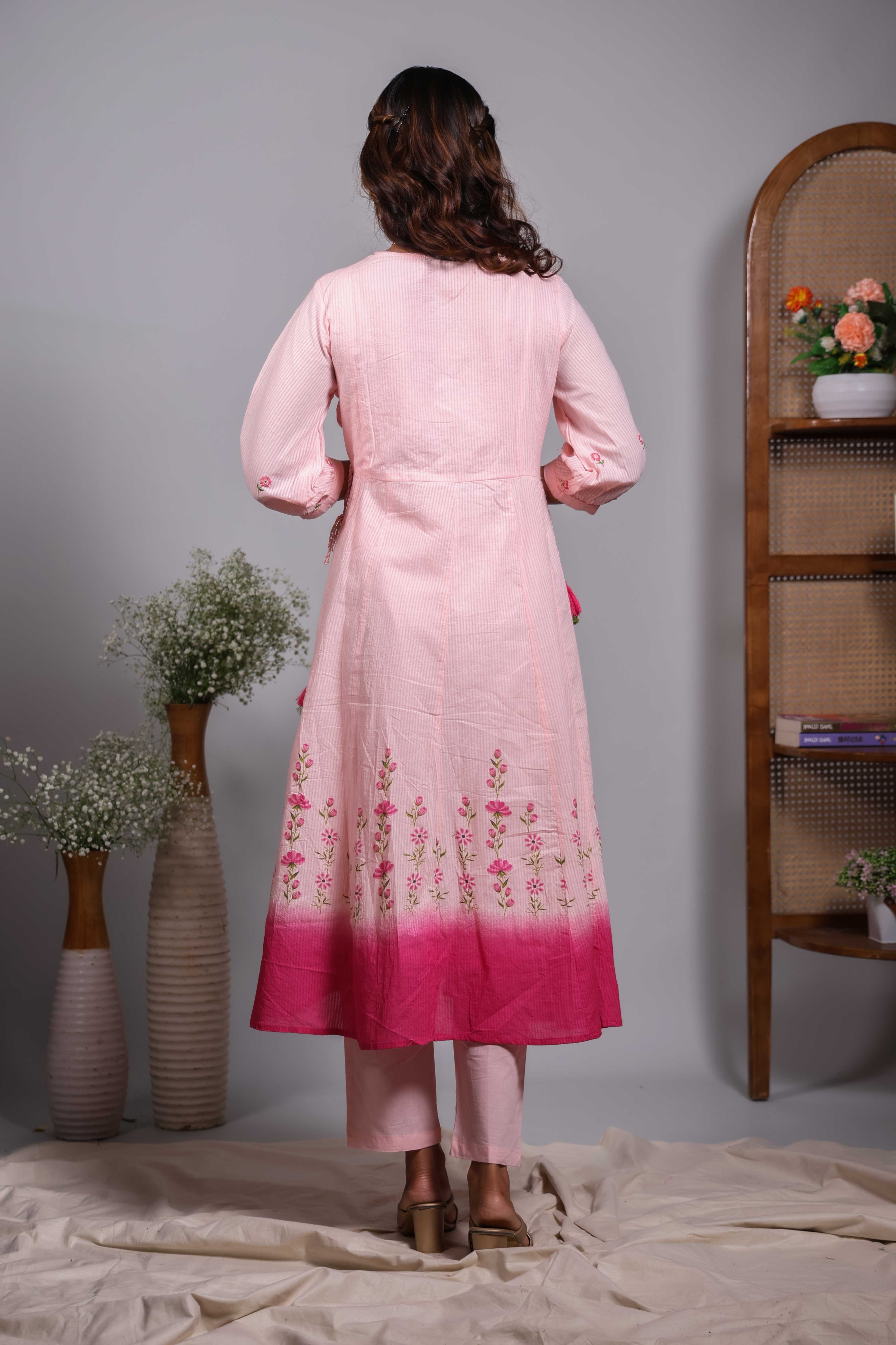 Pink floral design V neck salwar set with 3/4th sleeve, self bottom and matching dupatta