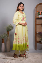 Green floral design V neck salwar set with 3/4th sleeve, self bottom and matching dupatta