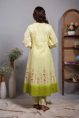 Green floral design V neck salwar set with 3/4th sleeve, self bottom and matching dupatta