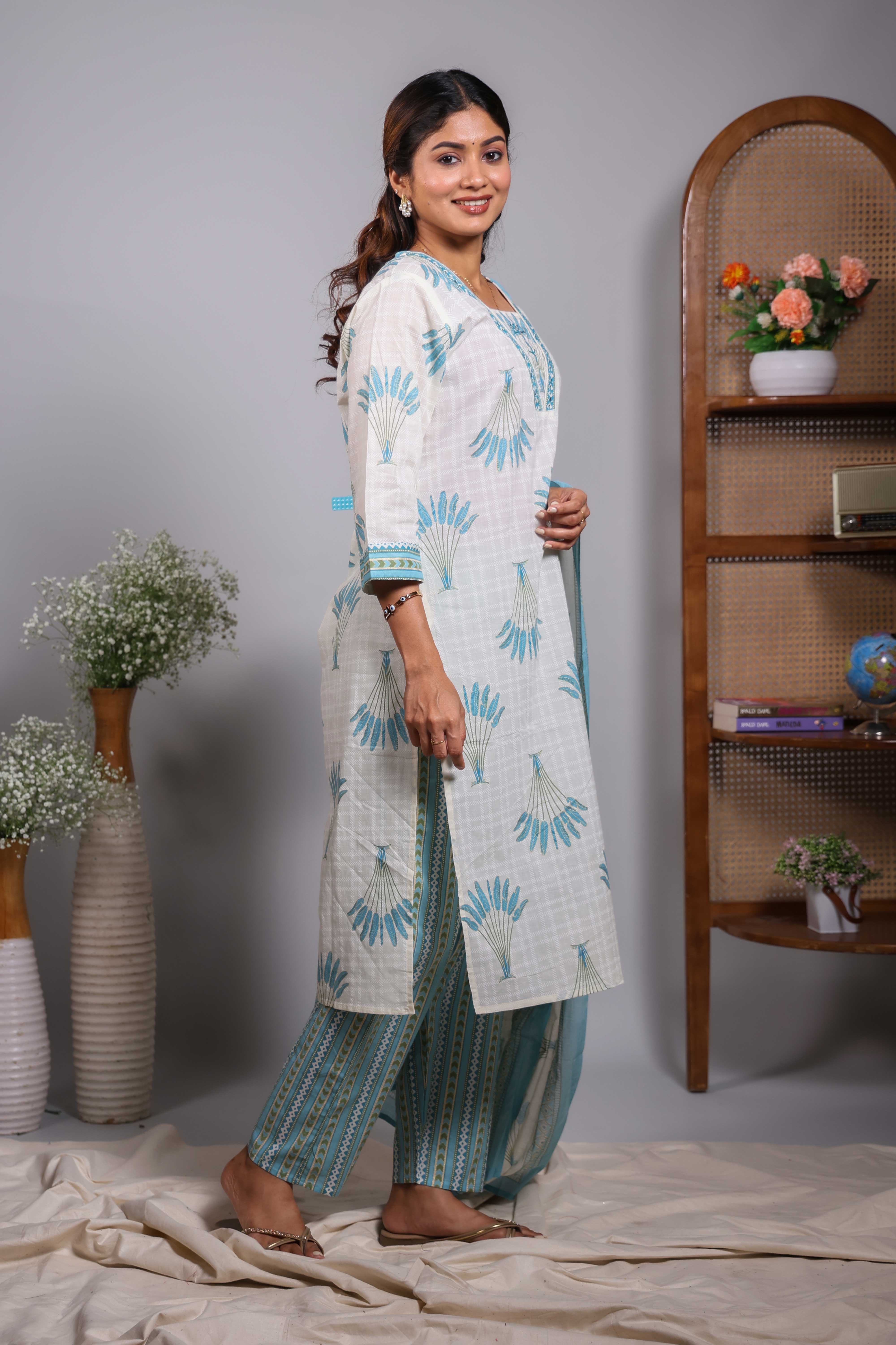 Cream floral design V neck salwar set with 3/4th sleeve, contrast bottom and matching dupatta
