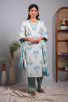 Cream floral design V neck salwar set with 3/4th sleeve, contrast bottom and matching dupatta
