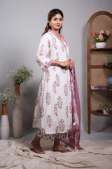 Cream floral design V neck salwar set with 3/4th sleeve, contrast bottom and matching dupatta