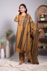 Mustard floral motifs design round neck salwar set with 3/4th sleeve, self bottom and matching dupatta