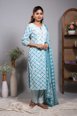 Blue floral motifs design round neck salwar set with 3/4th sleeve, self bottom and matching dupatta