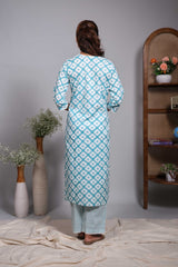 Blue floral motifs design round neck salwar set with 3/4th sleeve, self bottom and matching dupatta
