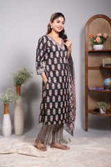 Black floral motifs design V neck salwar set with 3/4th sleeve, contrast bottom and matching dupatta
