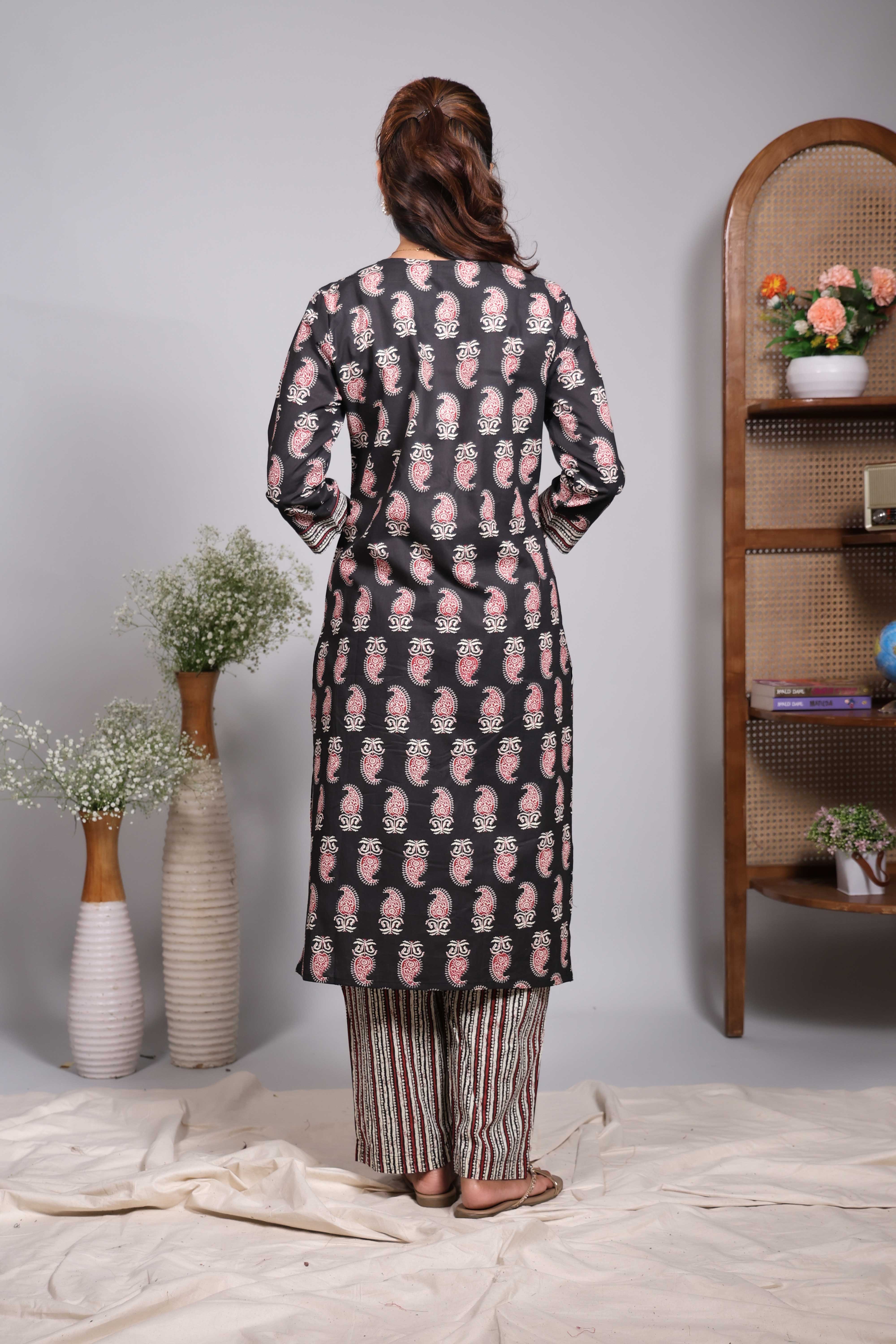 Black floral motifs design V neck salwar set with 3/4th sleeve, contrast bottom and matching dupatta