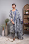 Blue floral design V neck salwar set with 3/4th sleeve, self bottom and matching dupatta