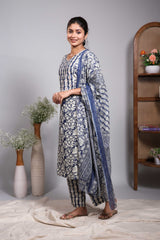 Blue floral design V neck salwar set with 3/4th sleeve, self bottom and matching dupatta