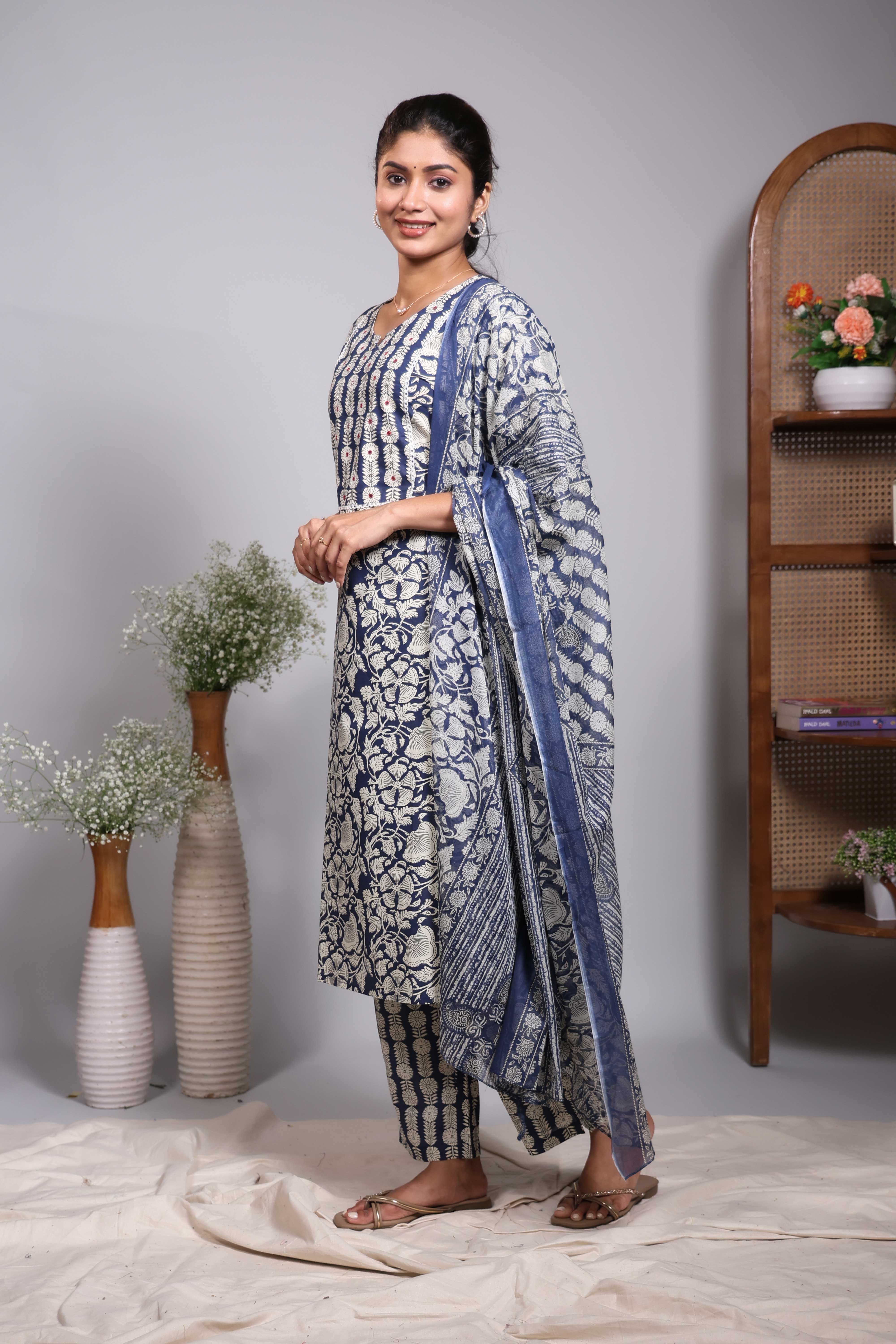 Blue floral design V neck salwar set with 3/4th sleeve, self bottom and matching dupatta