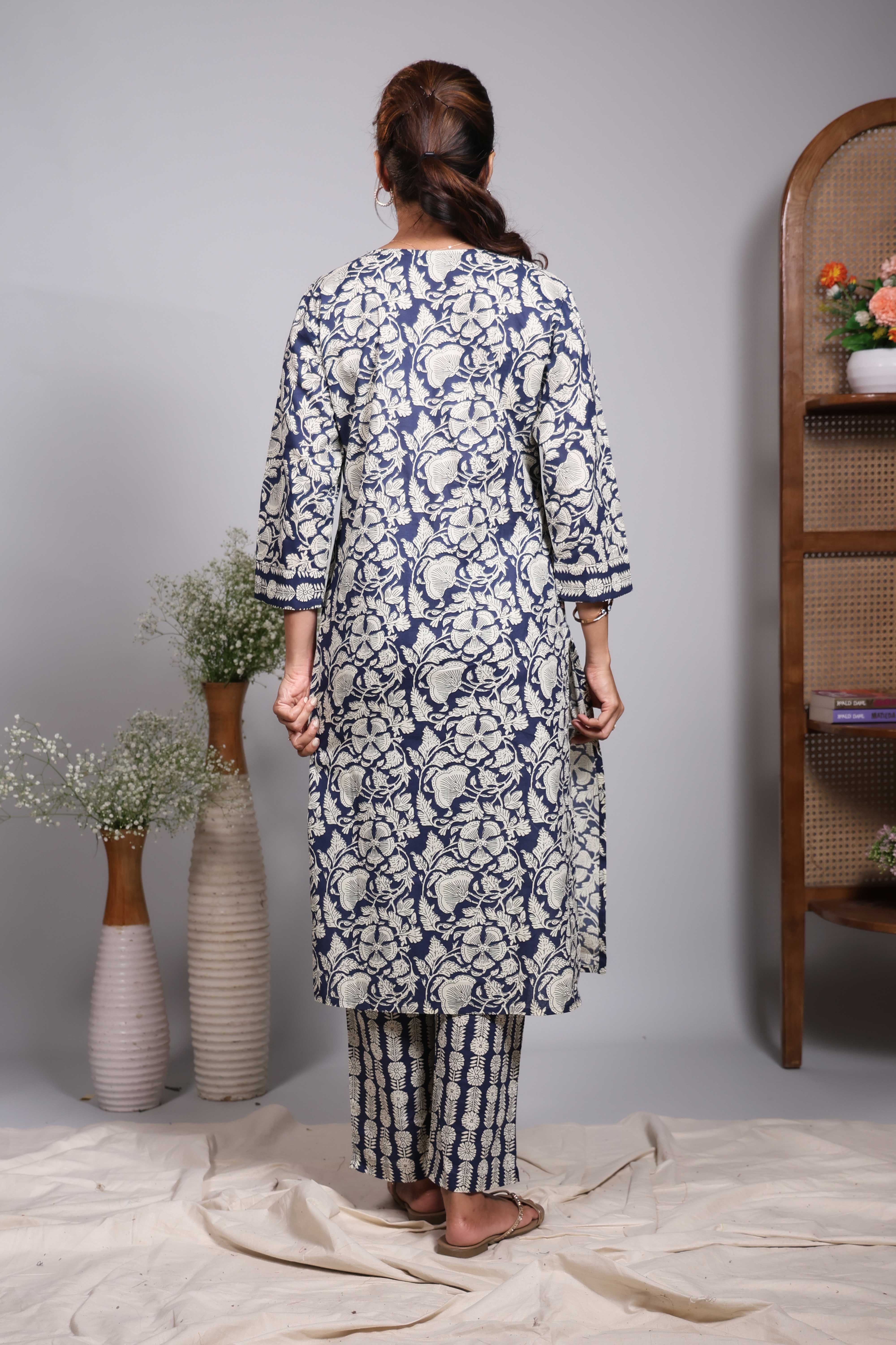 Blue floral design V neck salwar set with 3/4th sleeve, self bottom and matching dupatta