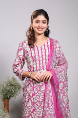 Pink floral design round neck salwar set with 3/4th sleeve, self bottom and matching dupatta