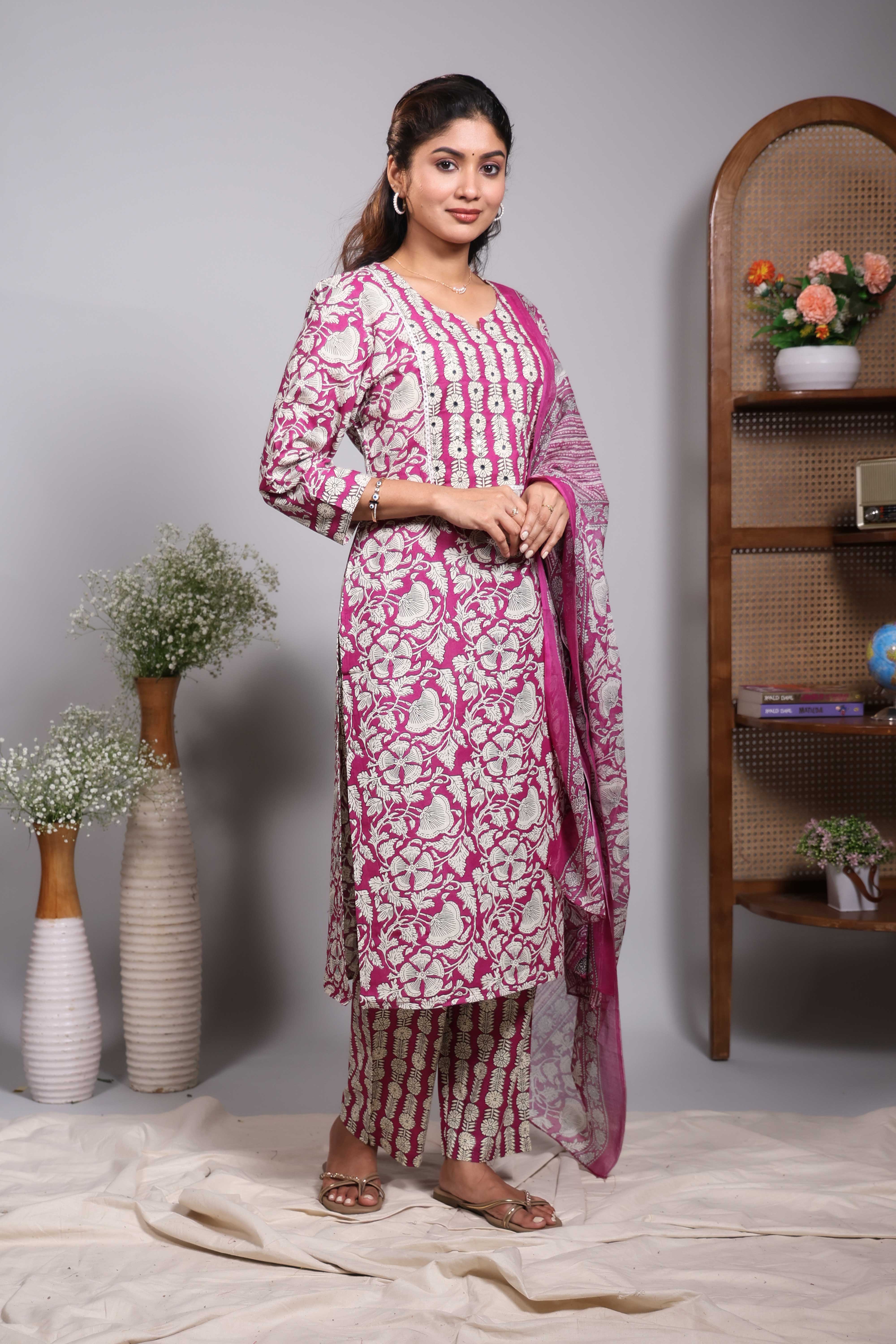 Pink floral design round neck salwar set with 3/4th sleeve, self bottom and matching dupatta