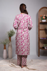 Pink floral design round neck salwar set with 3/4th sleeve, self bottom and matching dupatta