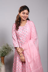 Baby pink floral design V neck salwar set with 3/4th sleeve, self bottom and matching dupatta