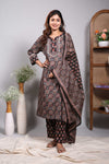 Black floral design round neck salwar set with 3/4th sleeve, self bottom and matching dupatta
