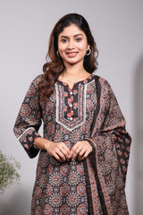 Black floral design round neck salwar set with 3/4th sleeve, self bottom and matching dupatta