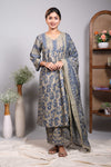 Green floral design V neck salwar set with 3/4th sleeve, self bottom and matching dupatta