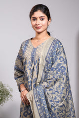 Green floral design V neck salwar set with 3/4th sleeve, self bottom and matching dupatta