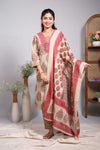 Sandal floral design motifs V neck salwar set with 3/4th sleeve, self bottom and matching dupatta