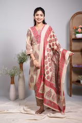 Sandal floral design motifs V neck salwar set with 3/4th sleeve, self bottom and matching dupatta