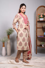 Sandal floral design motifs V neck salwar set with 3/4th sleeve, self bottom and matching dupatta