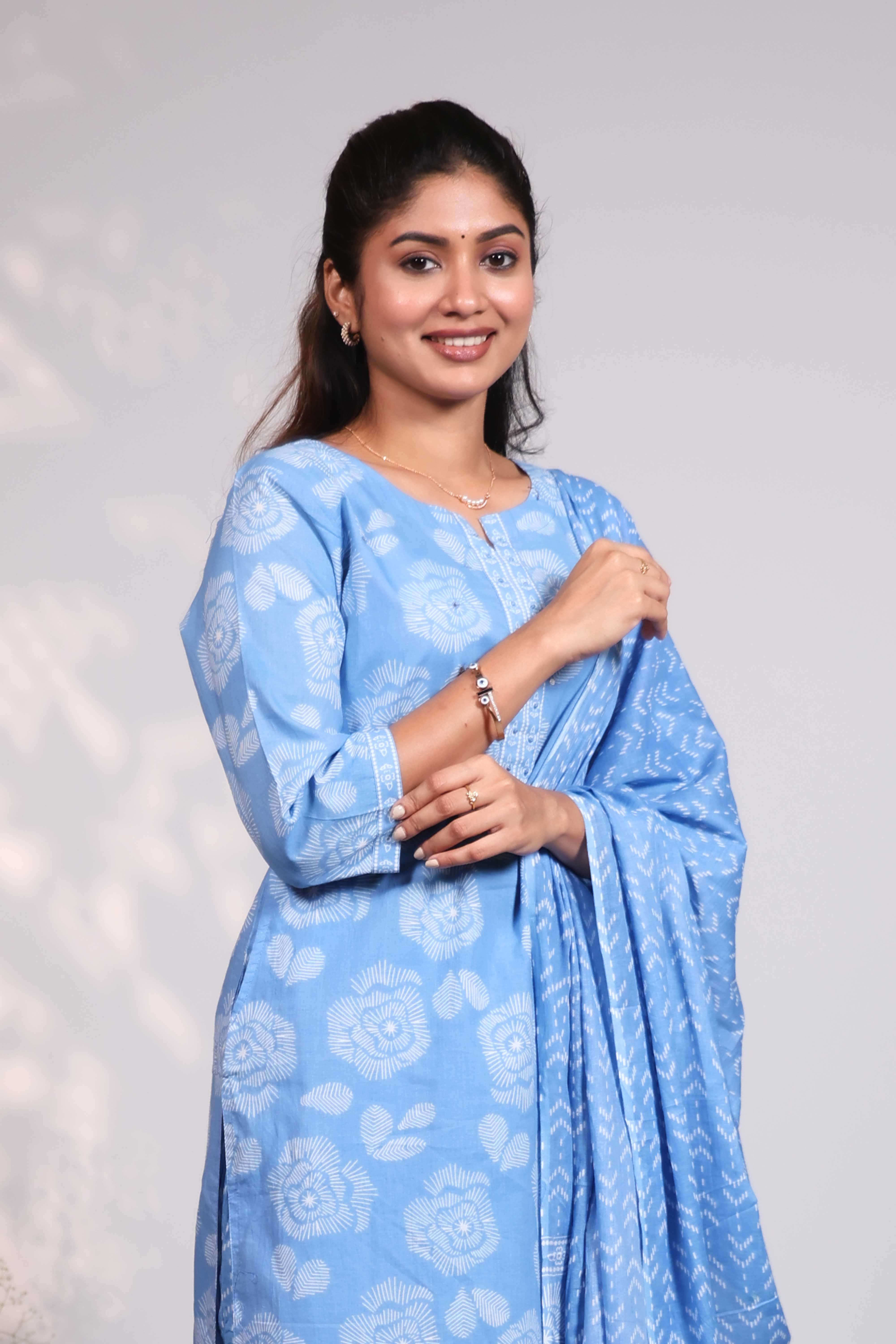 Sky blue floral design chinese neck salwar set with 3/4th sleeve, self bottom and chanderi matching dupatta