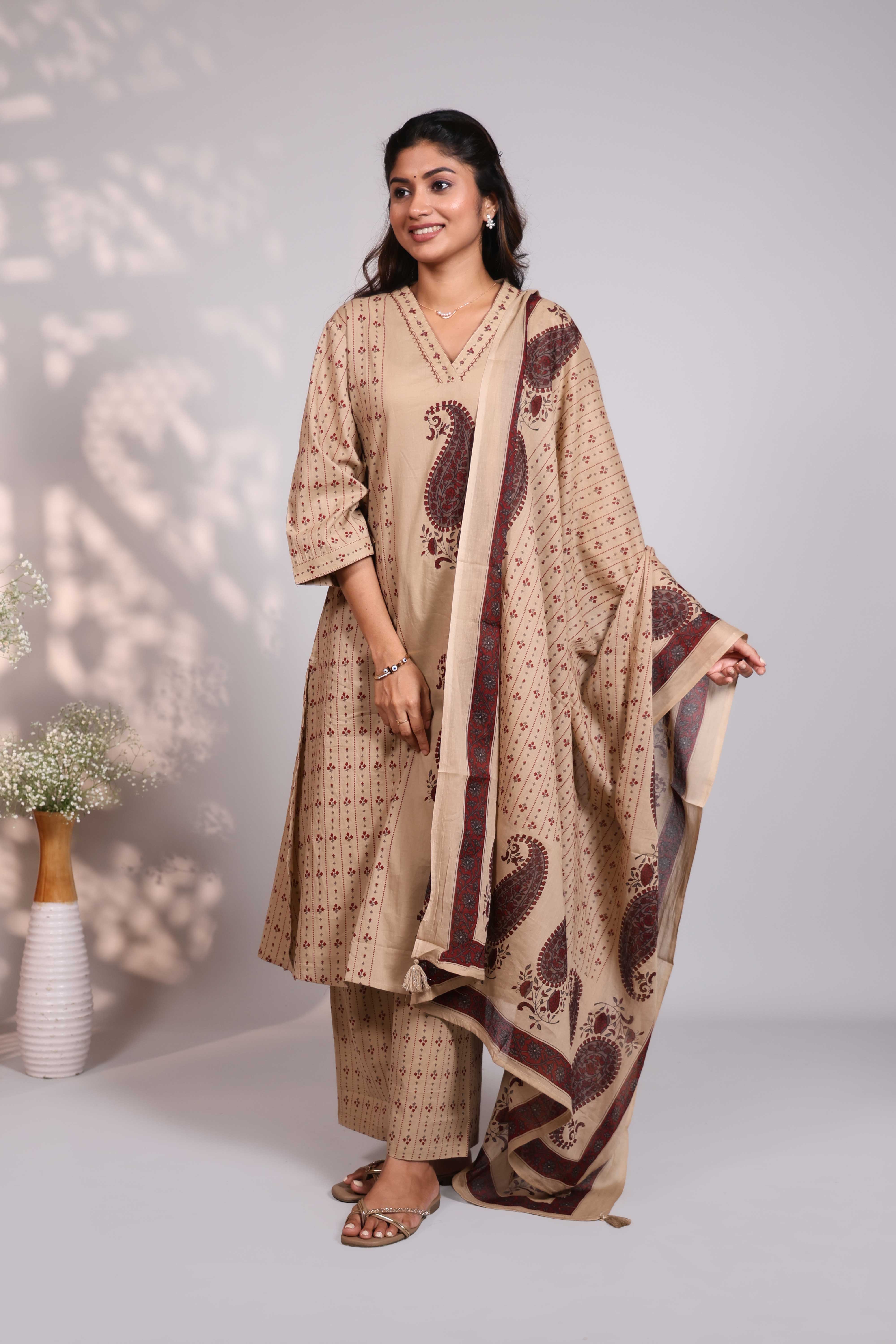 Brown striped floral design V neck salwar set with 3/4th sleeve, self bottom and matching dupatta