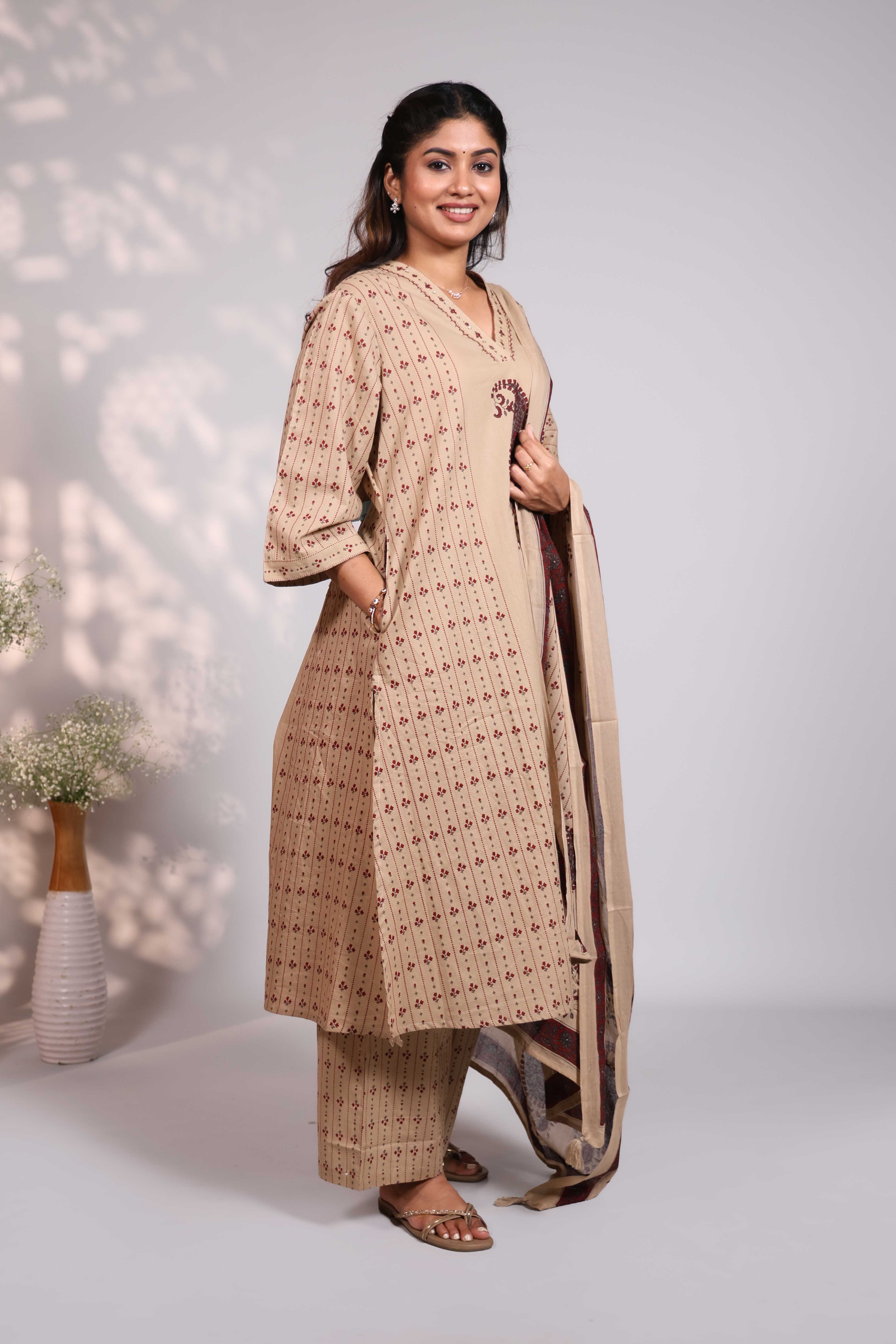 Brown striped floral design V neck salwar set with 3/4th sleeve, self bottom and matching dupatta