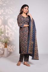 Blue floral design round neck salwar set with 3/4th sleeve, self bottom and matching dupatta